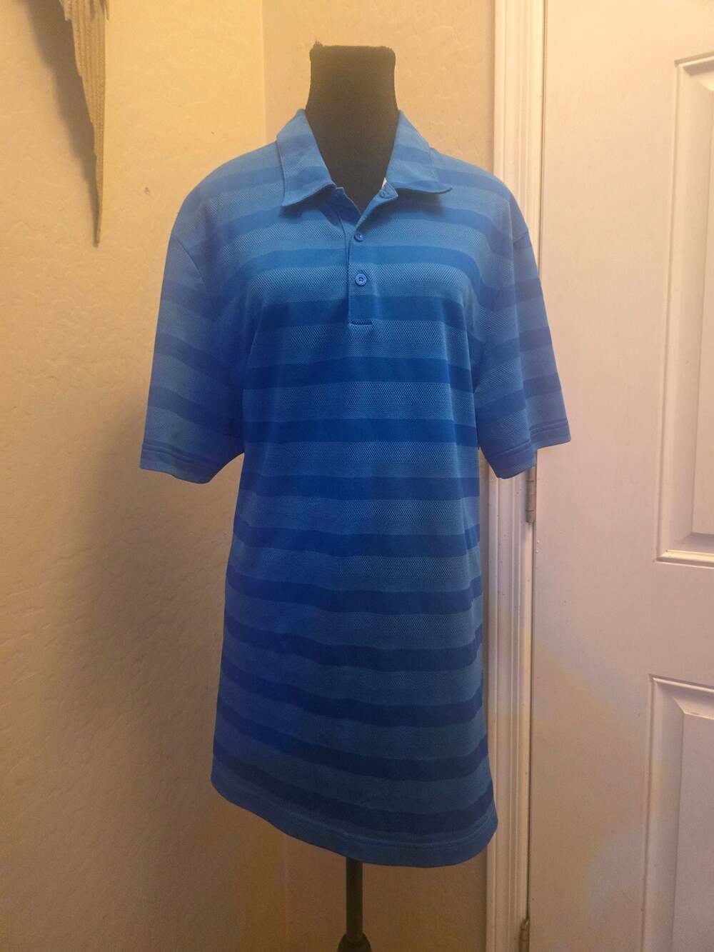 Adidas Men's Blue Tonal Striped Golf Polo Performance Short Sleeve Shirt